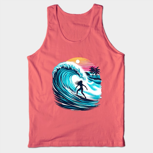 Surfer Girl Surfing A Big Wave At Sunset Beach Summer Vacation Surfing Tank Top by Tees 4 Thee